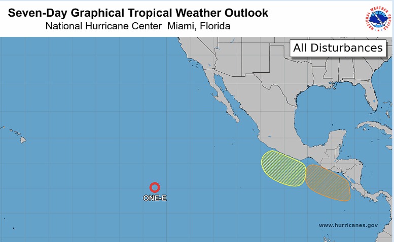 Mapa de México/Pacífico con tres zonas indicadas que son vigiladas por ser zonas de baja presión