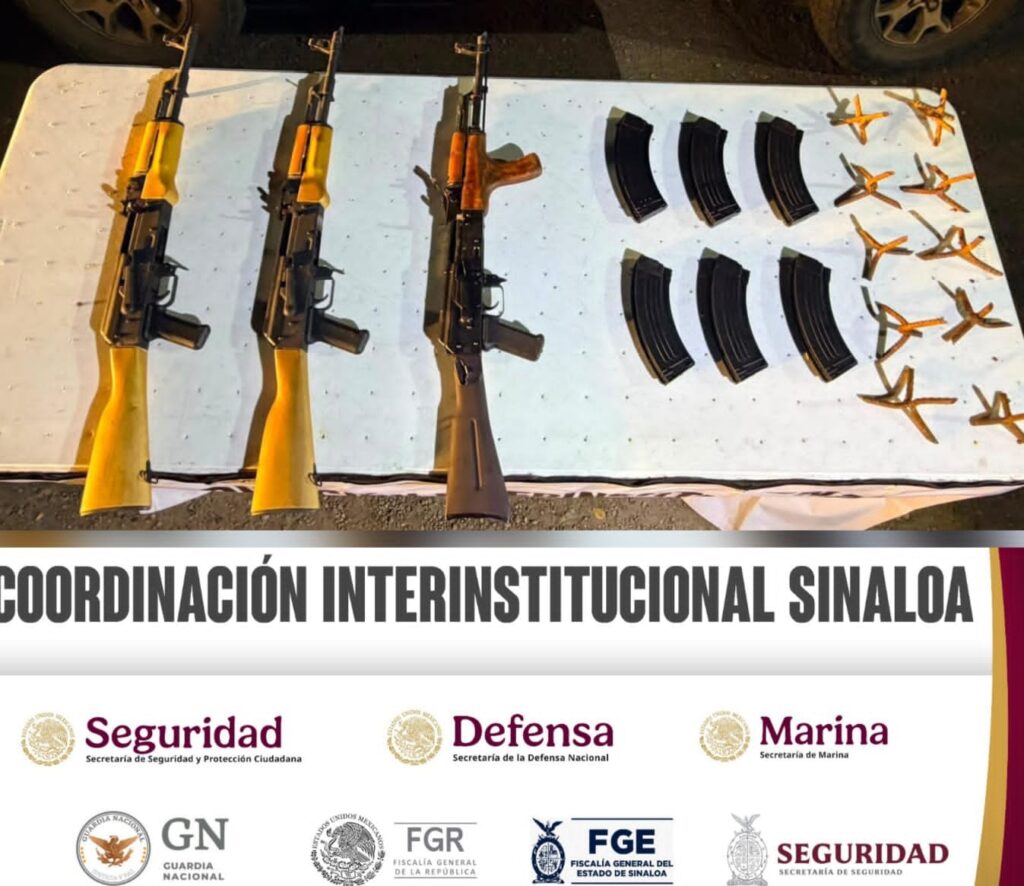 Armas largas, cargadores y otros objetos sobre una mesa blanca