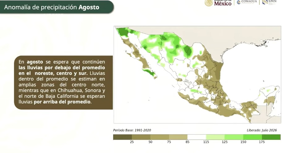 Mapa de México con información de anomalías de precipitaciones