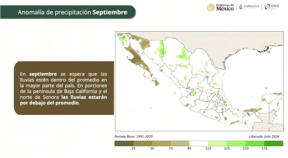 Mapa de México con información de anomalías de precipitaciones