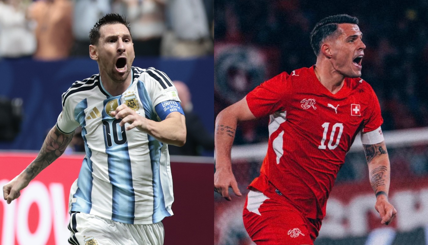 Messi junto a un jugador de Suiza