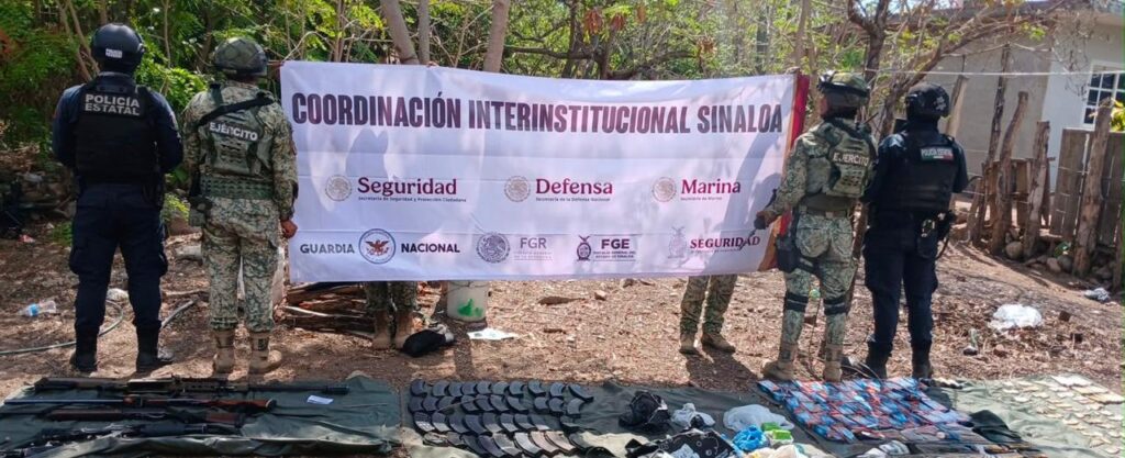 Autoridades sosteniendo un banner y abajo las armas aseguradas