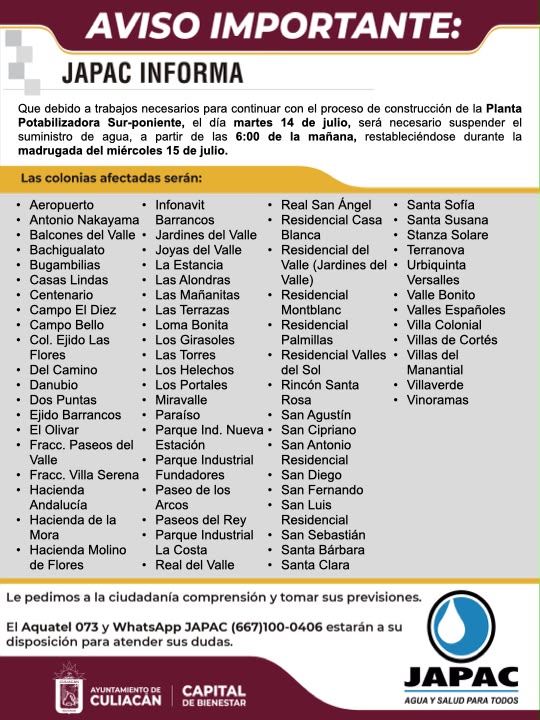 Lista de las colonias afectadas por suspensión del servicio de agua