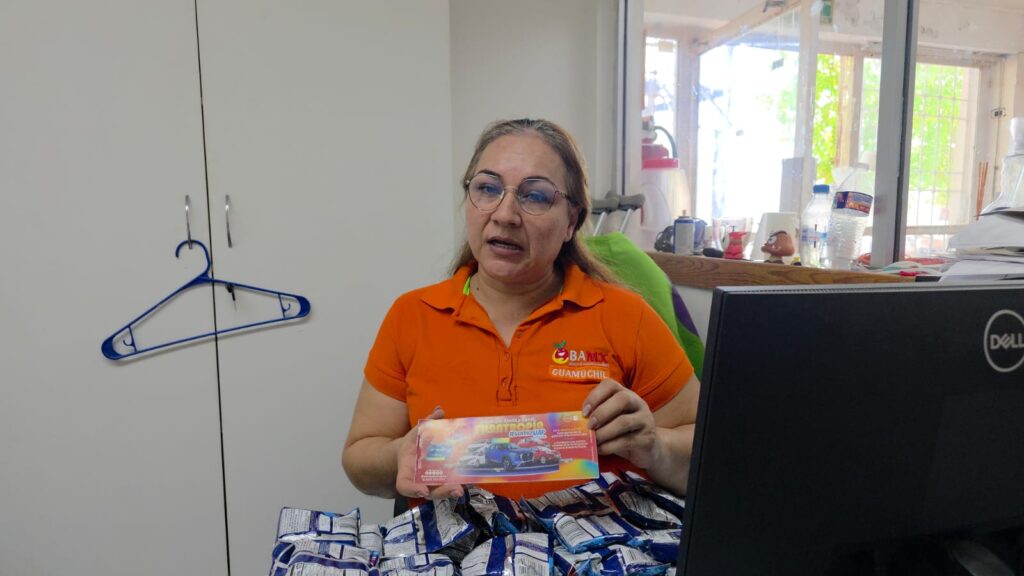 Persona con una caja explicando en el Banco de alimento