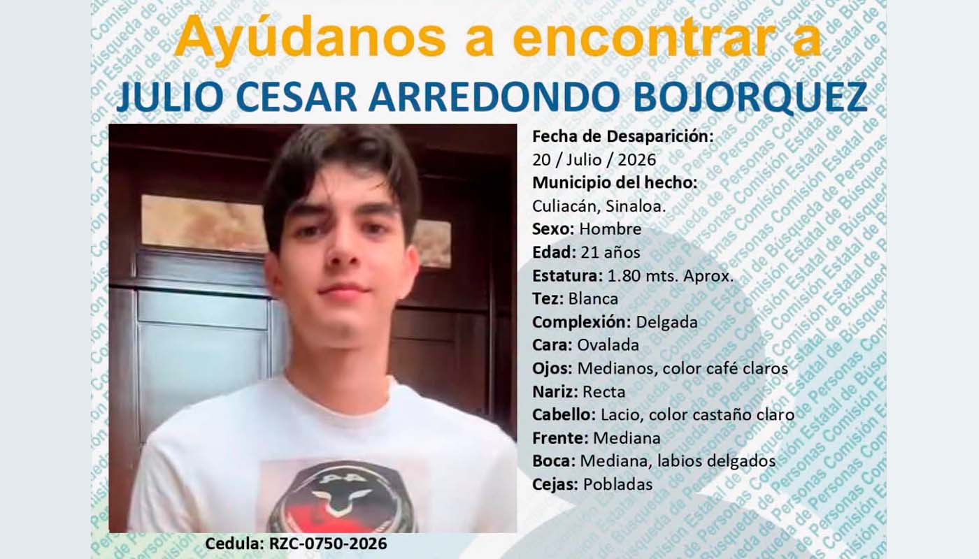Ficha de búsqueda de Julio César Arredondo Bojórquez, desaparecido en Culiacán
