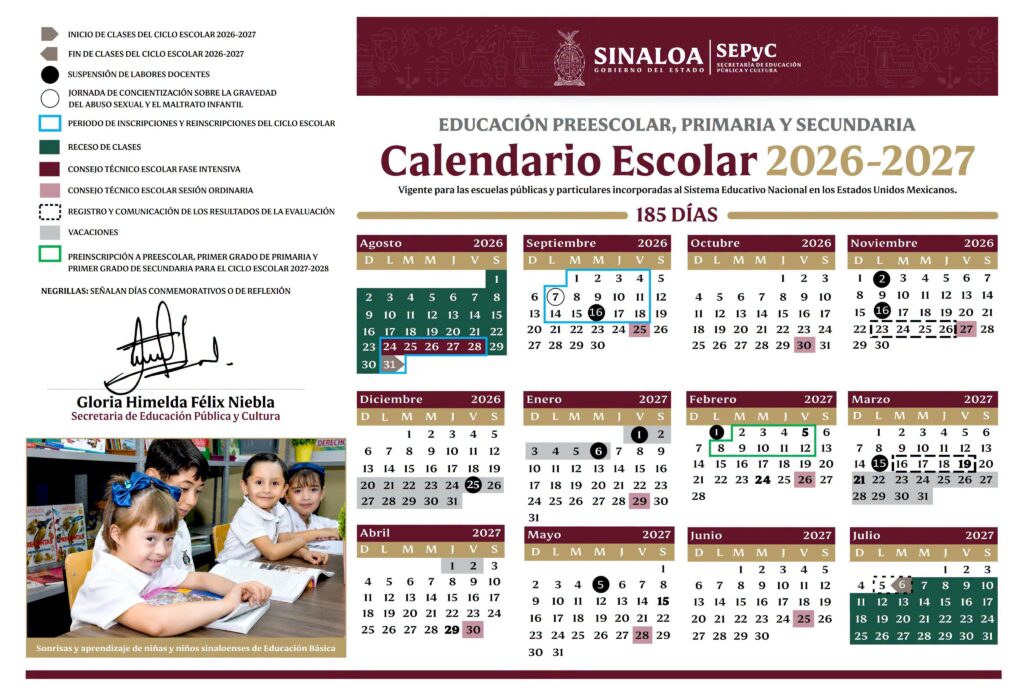 Calendario escolar de 2027 para Sinaloa
