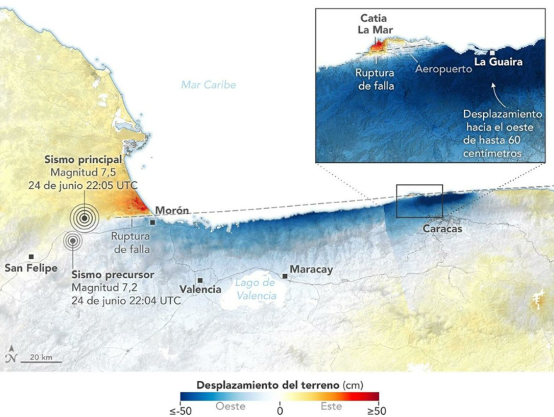 NASA detecta desplazamiento de hasta 60 centímetros en el suelo tras terremotos en Venezuela