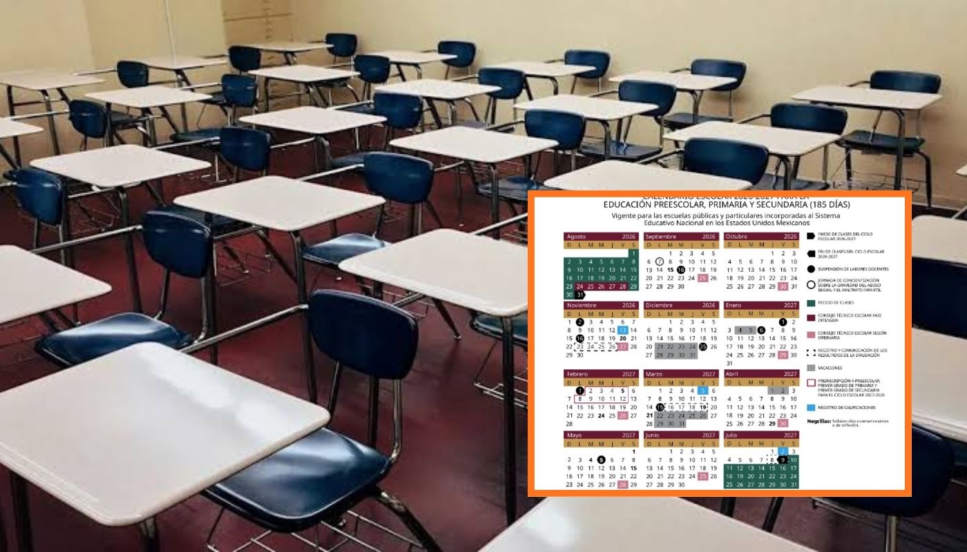 Salon de clases con sillas y en un cuadrado el calendario que regirá al ciclo escolar 2026-2027 en México