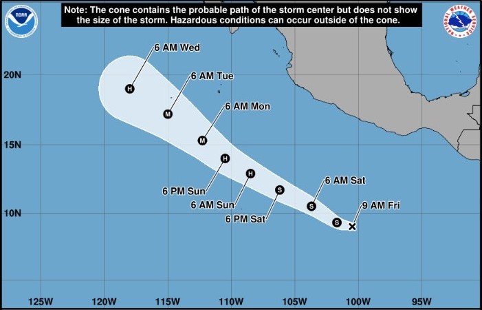 Cono de pronóstico de alertas/avisos para el centro de la tormenta