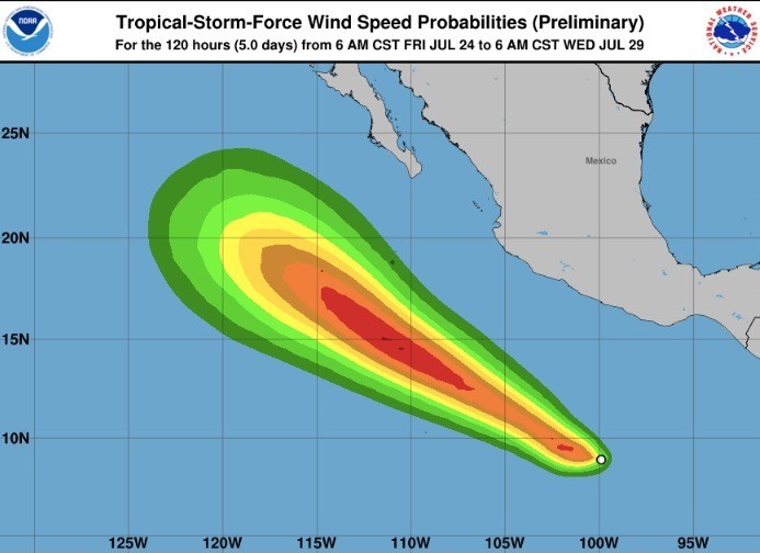 Pronóstico de trayectoria de la depresión tropical Siete-E