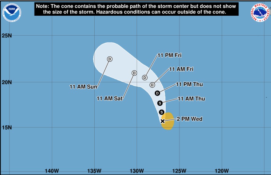 Posible trayectoria de la tormenta tropical Douglas en el océano Pacífico