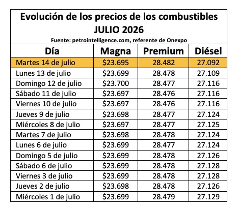 Evolución de los precios de los combustibles durante julio de 2026