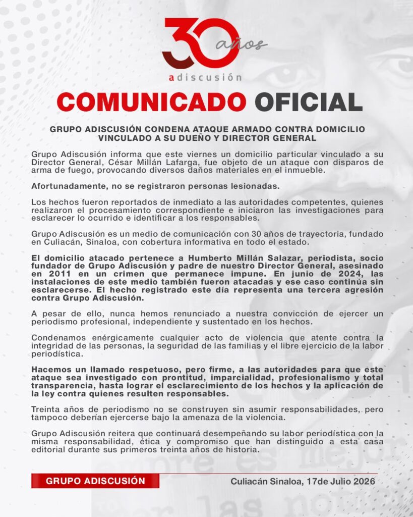 Comunicado de Adiscusión tras ataque armado contra domicilio