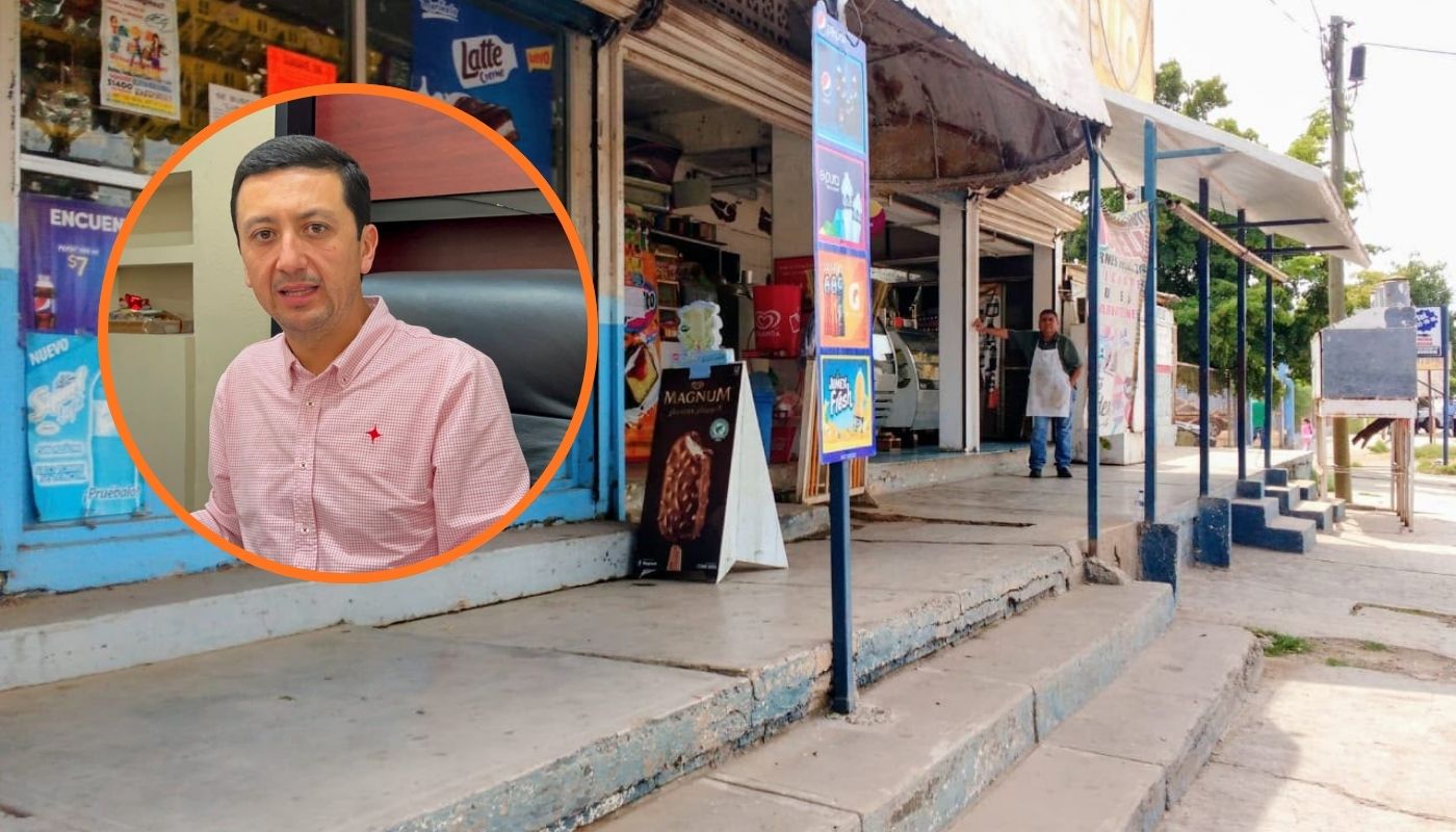 Persona caminando por una cera junto a comercios y en un ´circulo Feliciano Valle Sandoval, funcionario público en Guasave