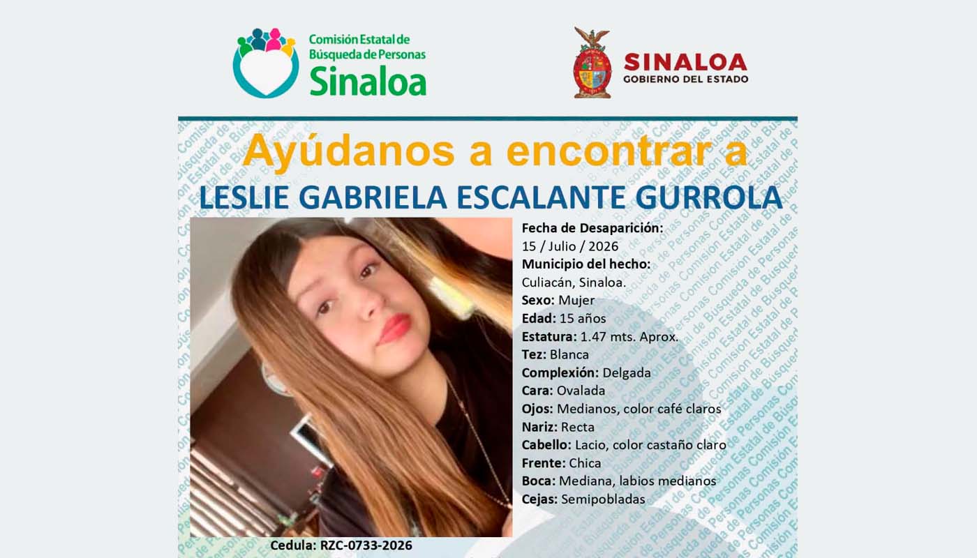 Ficha de búsqueda de Lesli Gabriela Escalante, desaparecida en Culiacán