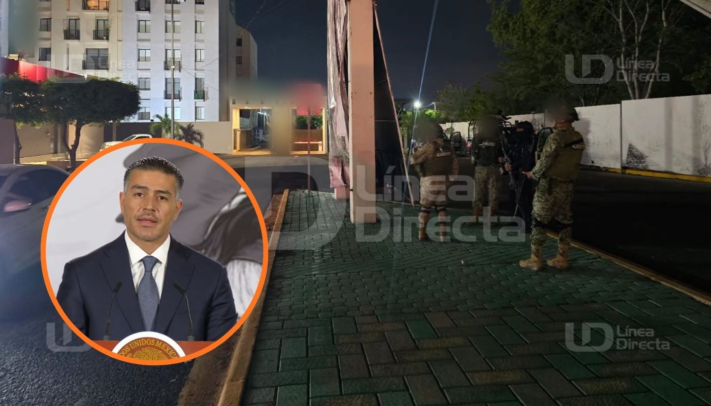 Militares afuera de un complejo habitacional en Culiacán de noche y en un círculo, Omar García Harfuch
