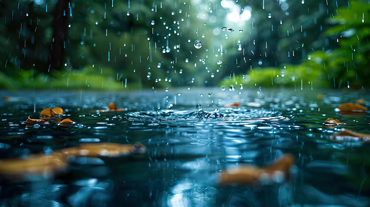 Gotas de lluvia cayendo sobre un charco con hojas.