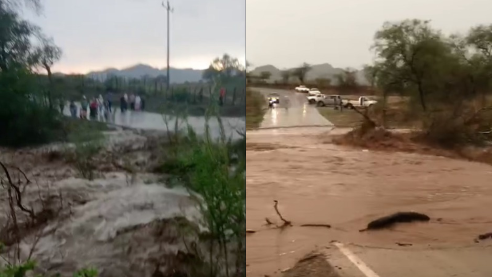 Arroyo en Chinobampo, El Fuerte baja con fuerza y cruza la carretera