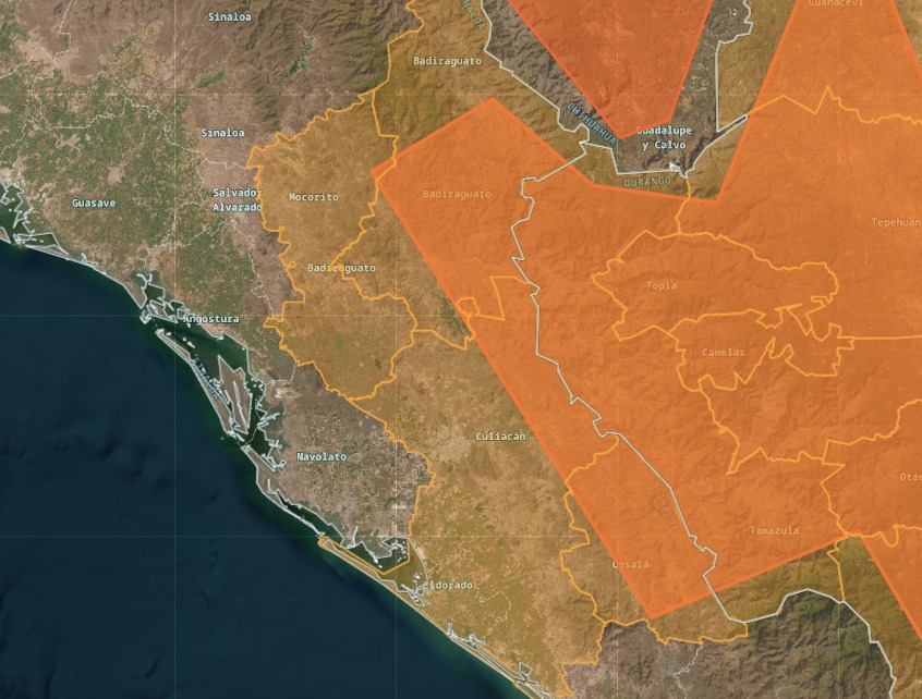 Mapa de alertamiento por lluvias fuertes en Sinaloa