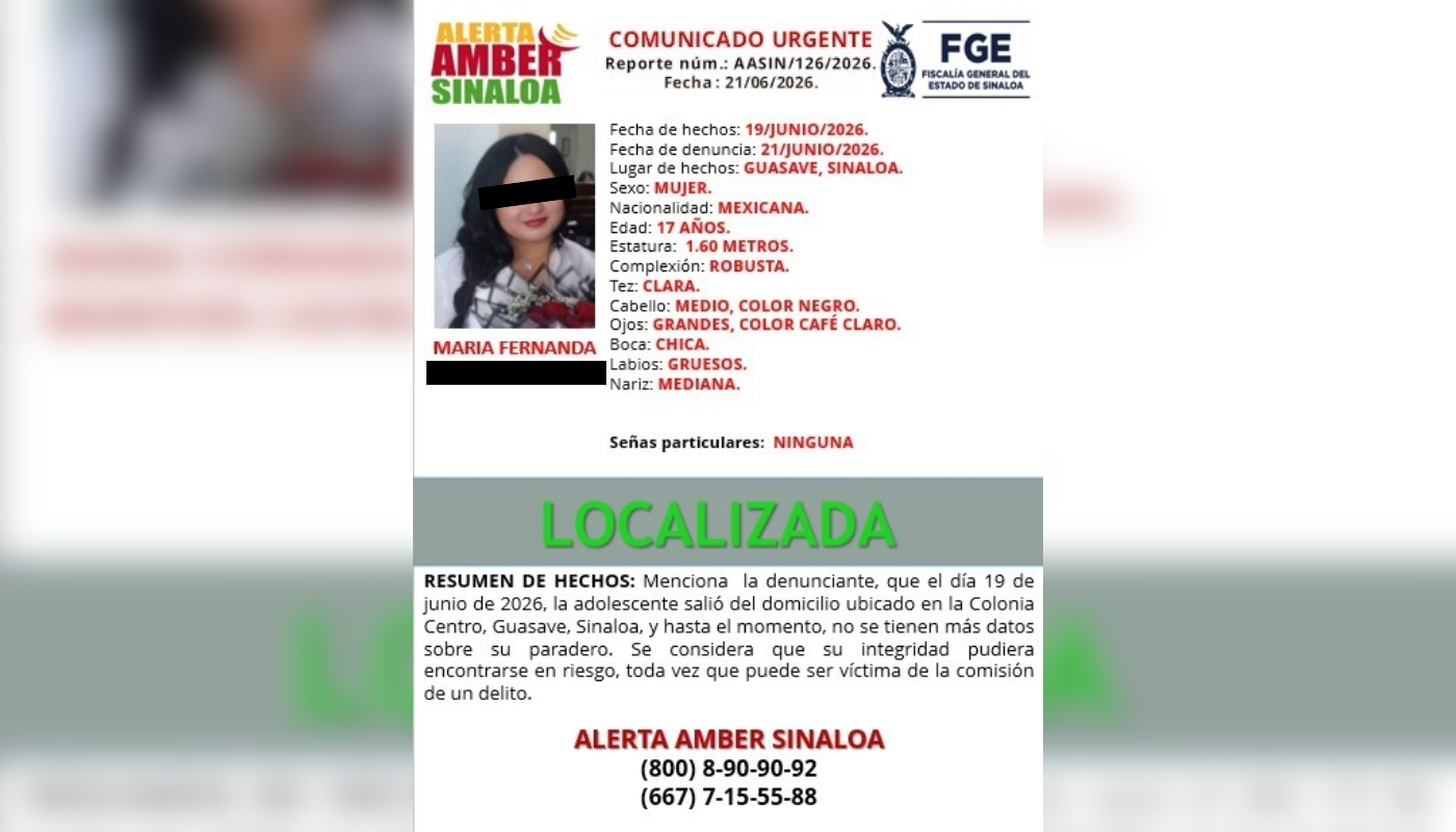 Ficha de búsqueda de María Fernanda en la que se anuncia que ya fue localizada.