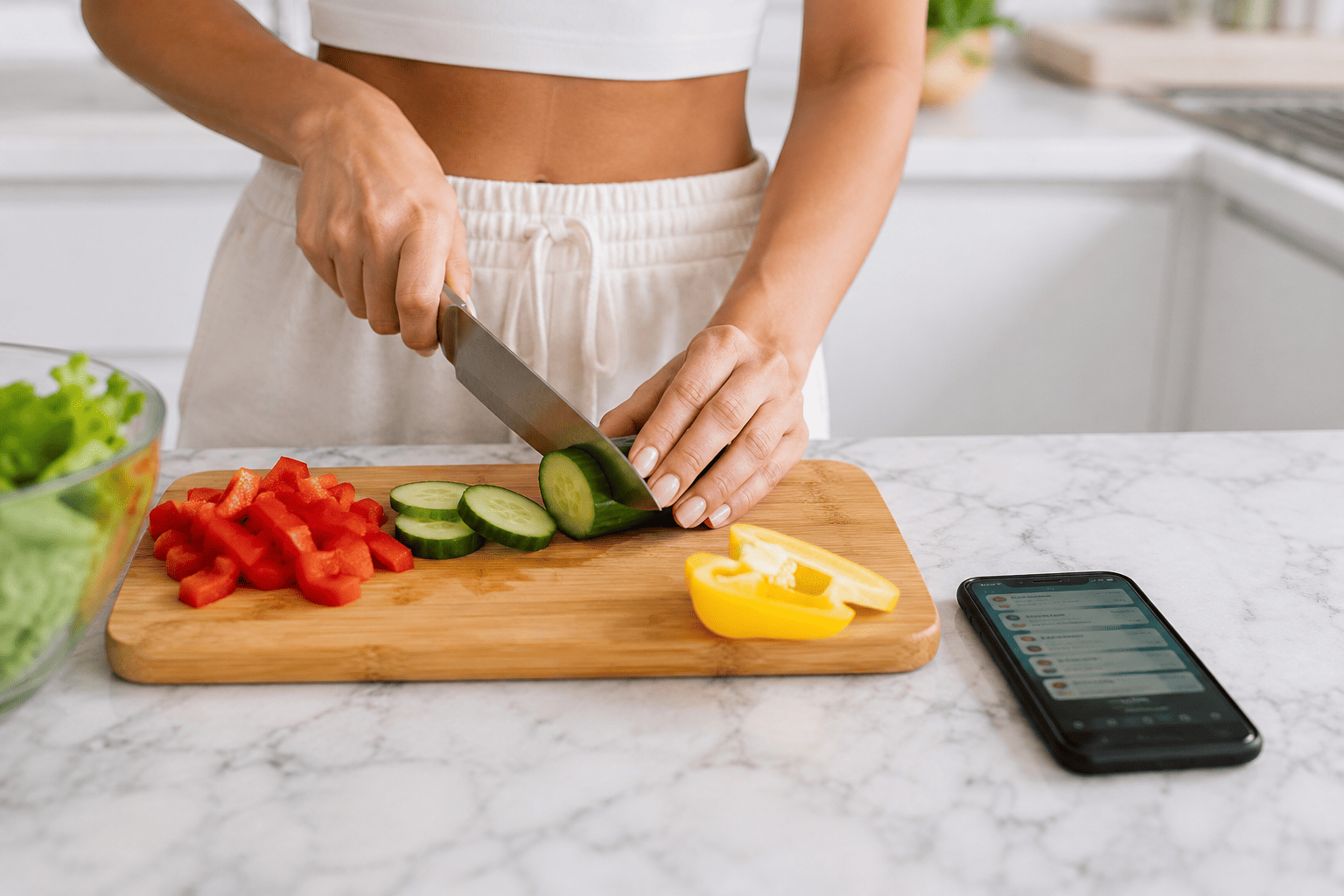 Mujer cocinando con el teléfono celular