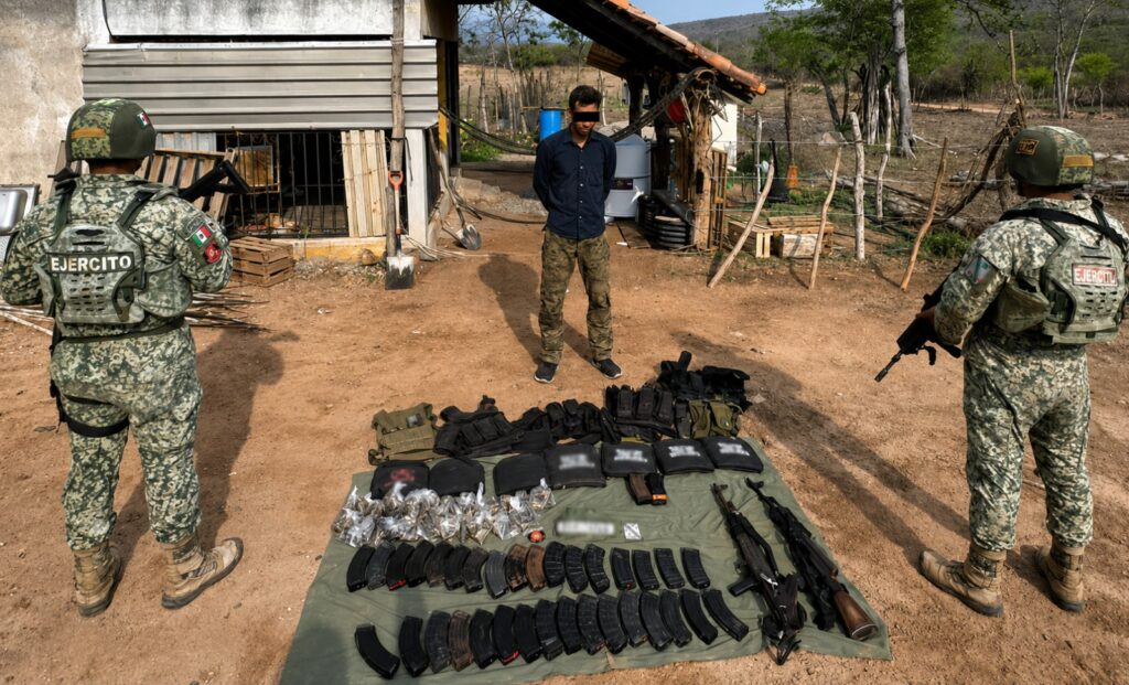 Elementos del Ejército Mexicano detuvieron a un hombre, a quien le aseguraron dos armas largas, 37 cargadores, mil 147 cartuchos útiles y equipo táctico