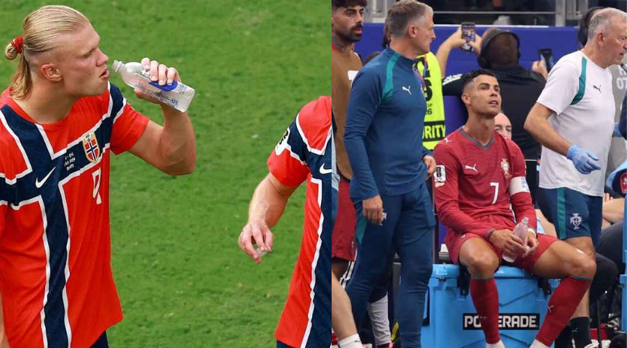 Erling Haaland y Cristiano Ronaldo en pausa de hidratación