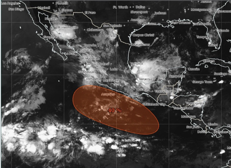 Mapa del Pacífico on una zona en rojo indicando una formación ciclónica