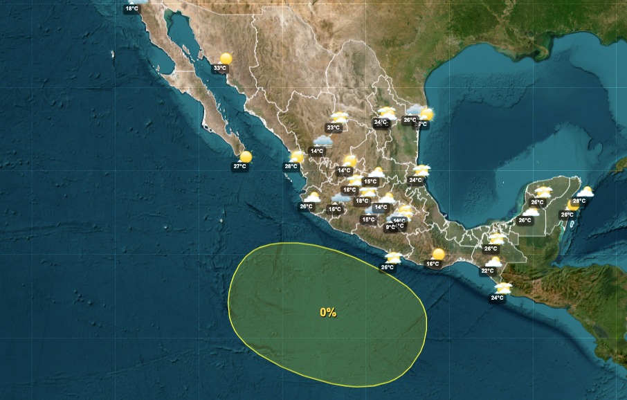 Mapa de México y Pacífico con una zona sombreada en el mar con color amarillo indicando una perturbación tropical con potencial ciclonico