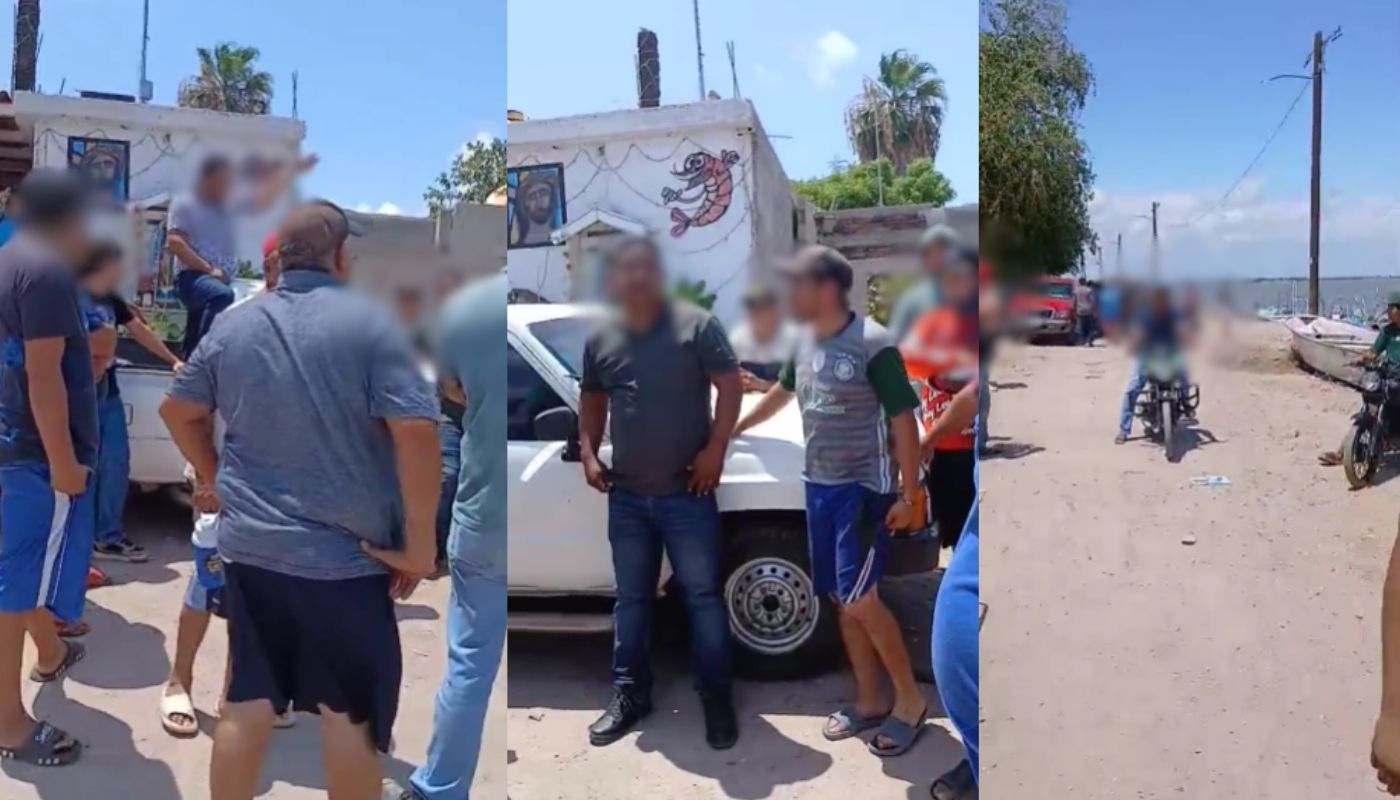 Personas sobre una camioneta y una panga en el mar