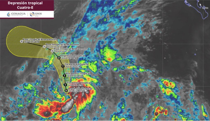 Mapa sateliral del Pacífico indicando una tormenta tropical