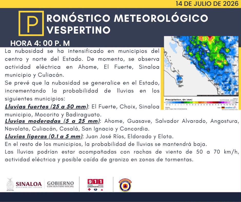 Pronóstico meteorológico del Protección Civil en Sinaloa