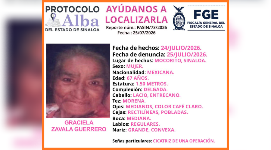 Activan Protocolo Alba para la localización de Graciela Zavala