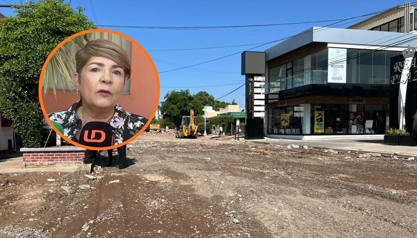 Calle con tierra y una plaza con alcaldesa de Guasave en un circulo