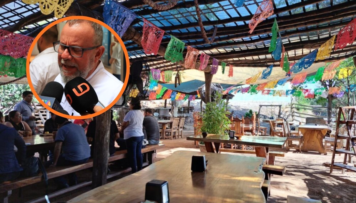 Restaurante con mesas y banderas de colores