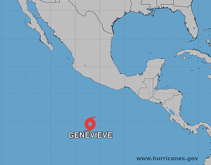 Mapa del pacífico y México con una acotación, indicando la tormenta tropical Genevieve