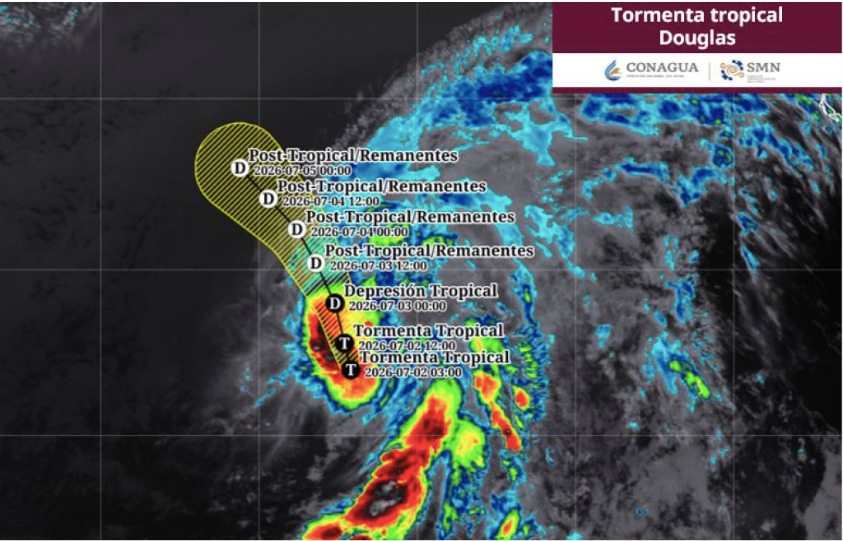mapa satelital del Pacífico con una zona indicada donde se encuentra la tormenta tropical Douglas