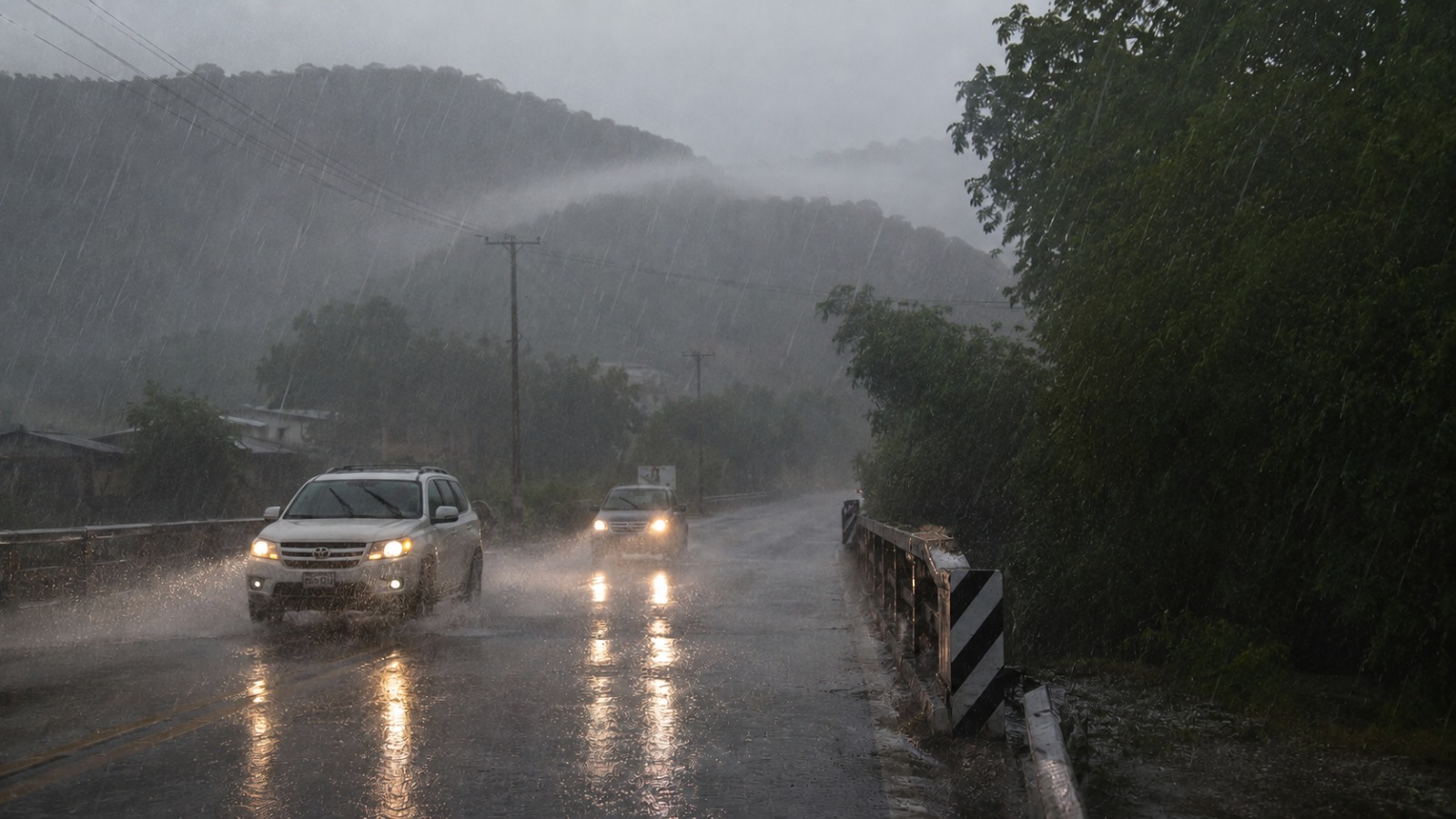 Lluvia un puente y carros