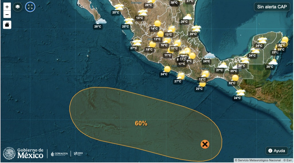 mapa del pacífico y México con dos zonas marcadas con amarillo, indicando una zona de baja presión