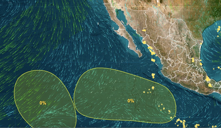mapa de México y el pacífico con una zona sombreada en amarillo indicando una perturbación en el mar