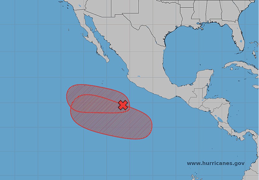 Mapa del Pacífico y México con una parte sombreada con rojo, indicando una zona de baja presión