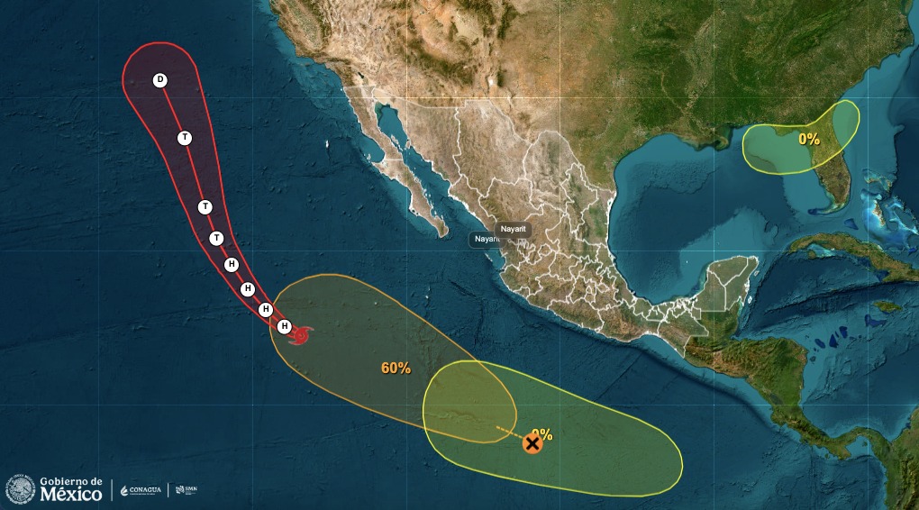 mapa del pacífico y México con dos zonas marcadas con amarillo