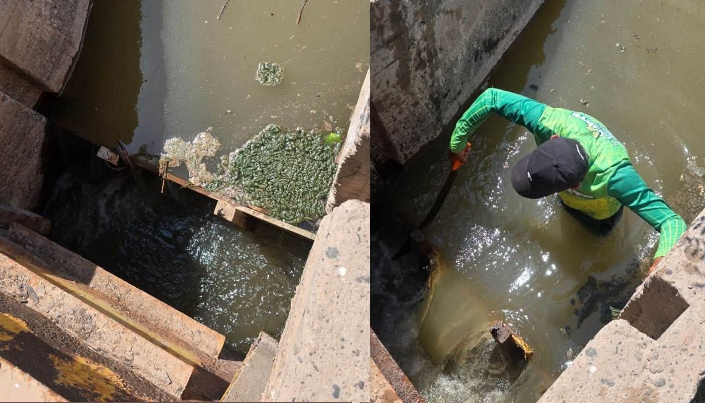 compuerta de agua y una persona con un machete adentro