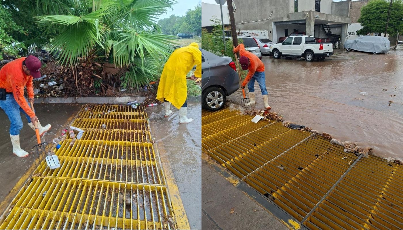 personas limpiando bocas de drenaje