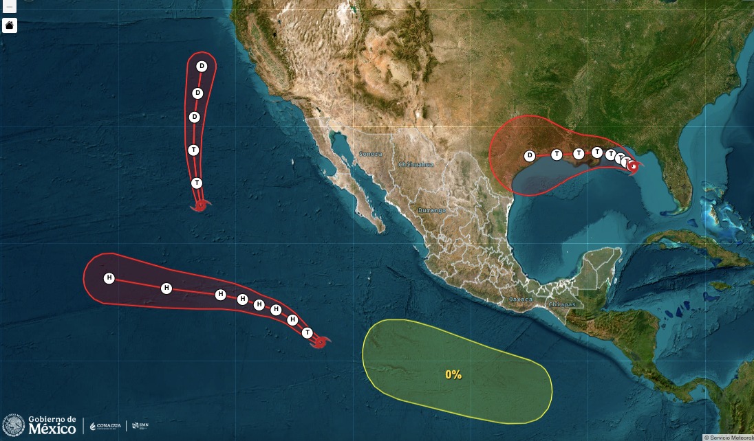 mapa del pacífico y México con cuatro zonas sombreadas en rojoy amarillo, indicando áreas con formaciones ciclónicas
