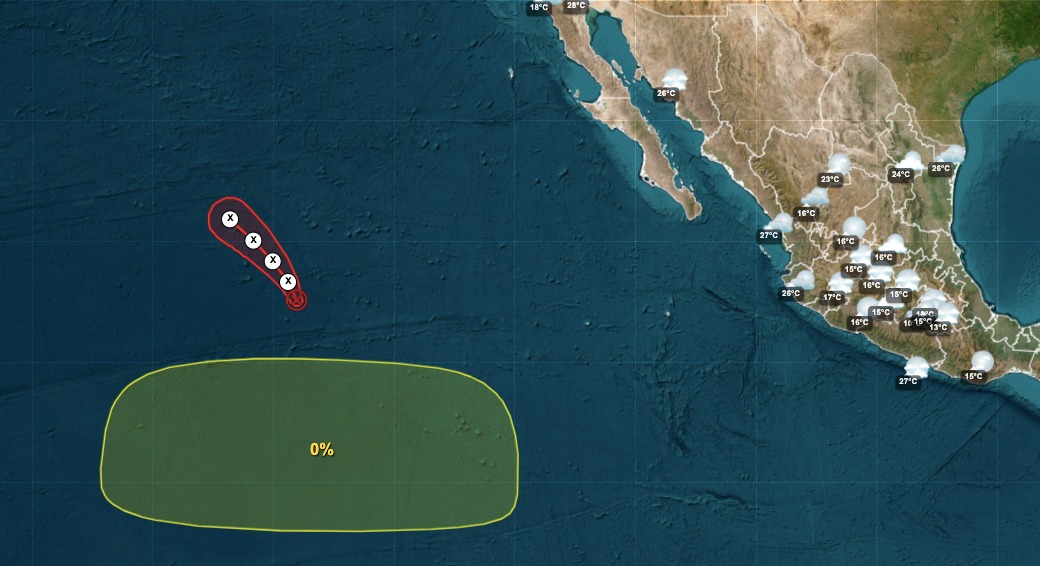 Mapa del Pacífico y México con dos áreas sombreadas en el mar, indicando zonas de baja presión/ciclones