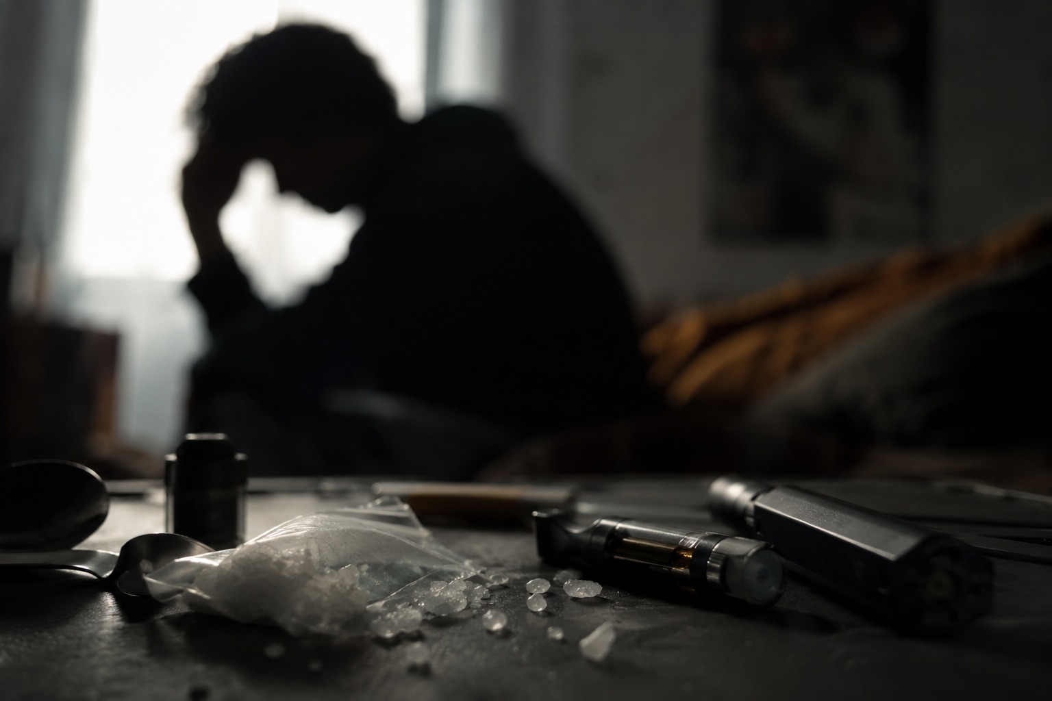 silueta de persona con la mano en la cabeza y al frente pastillas sobre una mesa