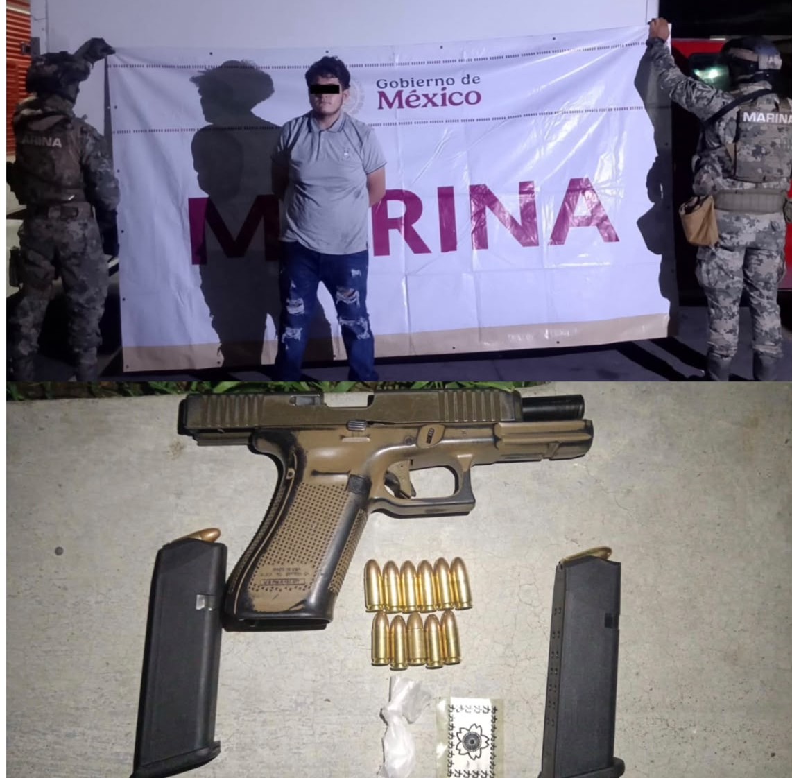 civil con el rostro cubierto y las manos en la espalda, a los costados, cuatro elementos policiacos de espaldas sosteniendo una lona con logos de corporaciones de seguridad, en la parte inferior un arma