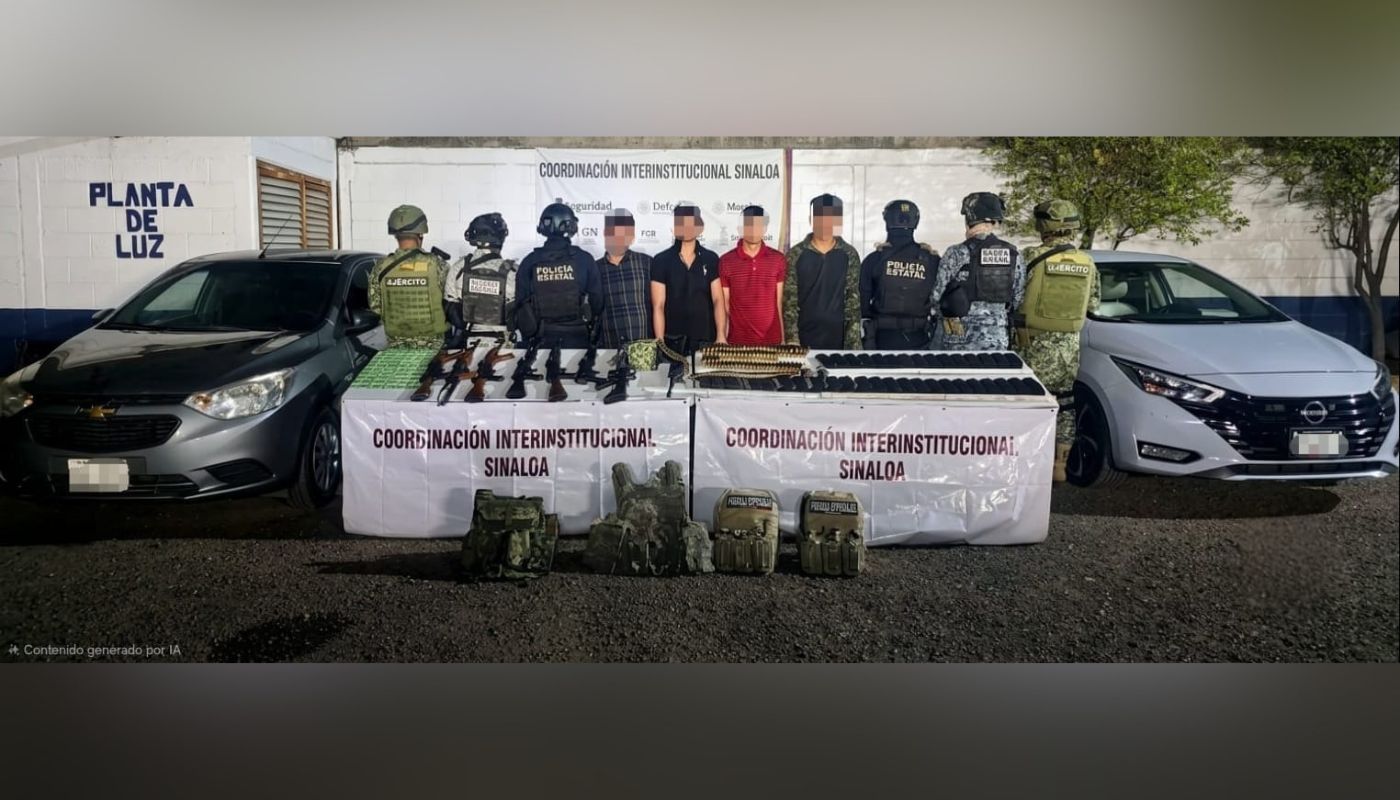 Elementos militares de espaldas junto a cuatro civiles con el rostro cubierto y una mesa con armas y objetos asegurados sobre una mesa, a los costados dos vehículos