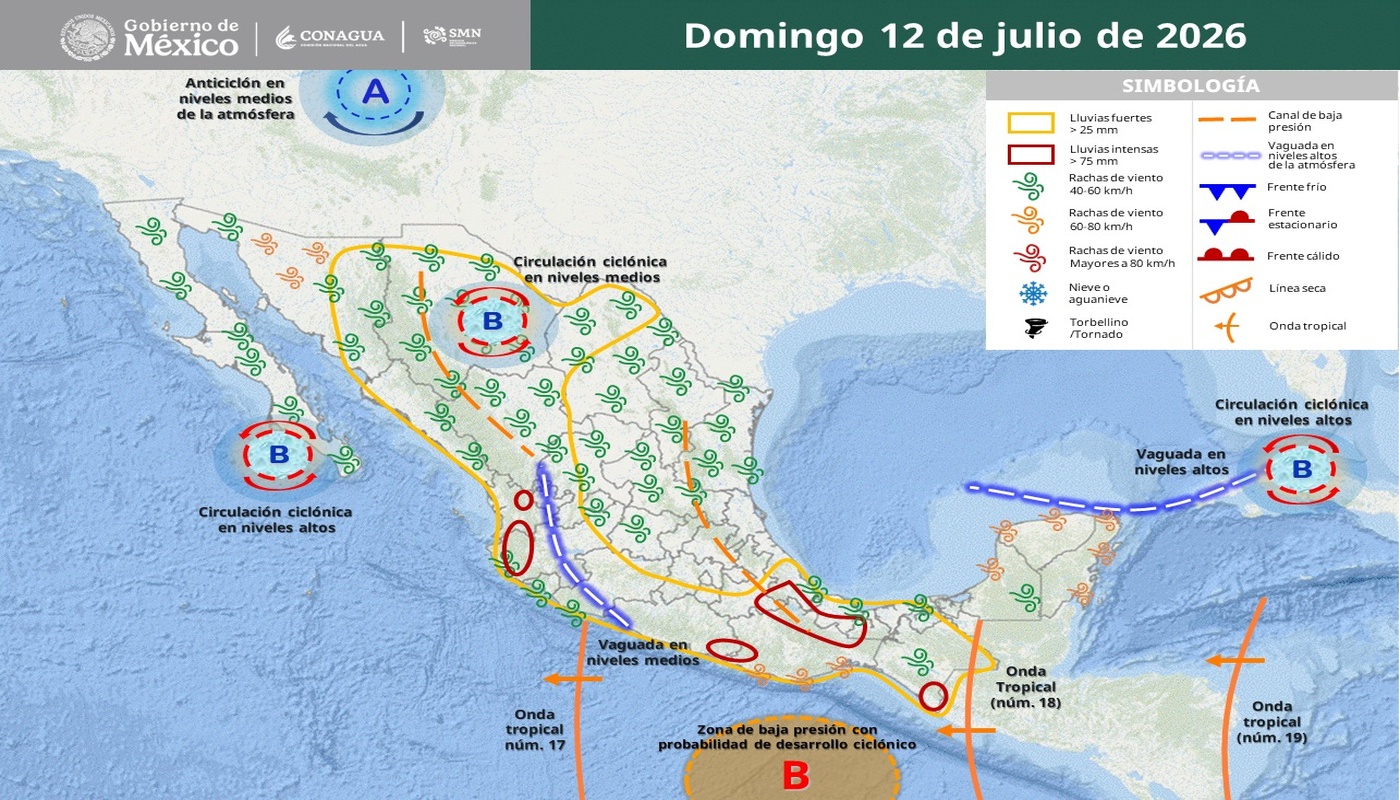 Imagen satelital de México que representa la probabilidad de tormentas con flechas y líneas